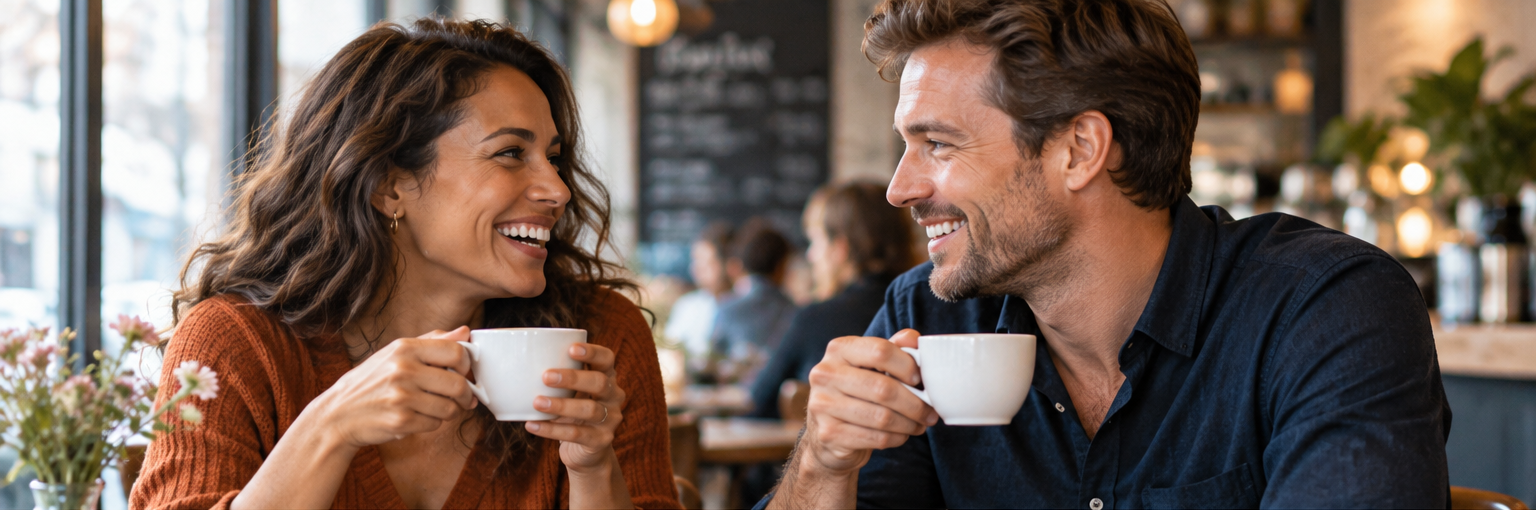 Man en vrouw in gesprek tijdens een gezellige koffie-afspraak