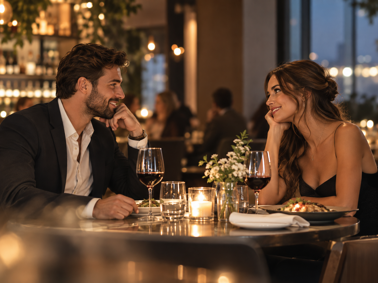 Man en vrouw tijdens een gezellige dinner date in een restaurant